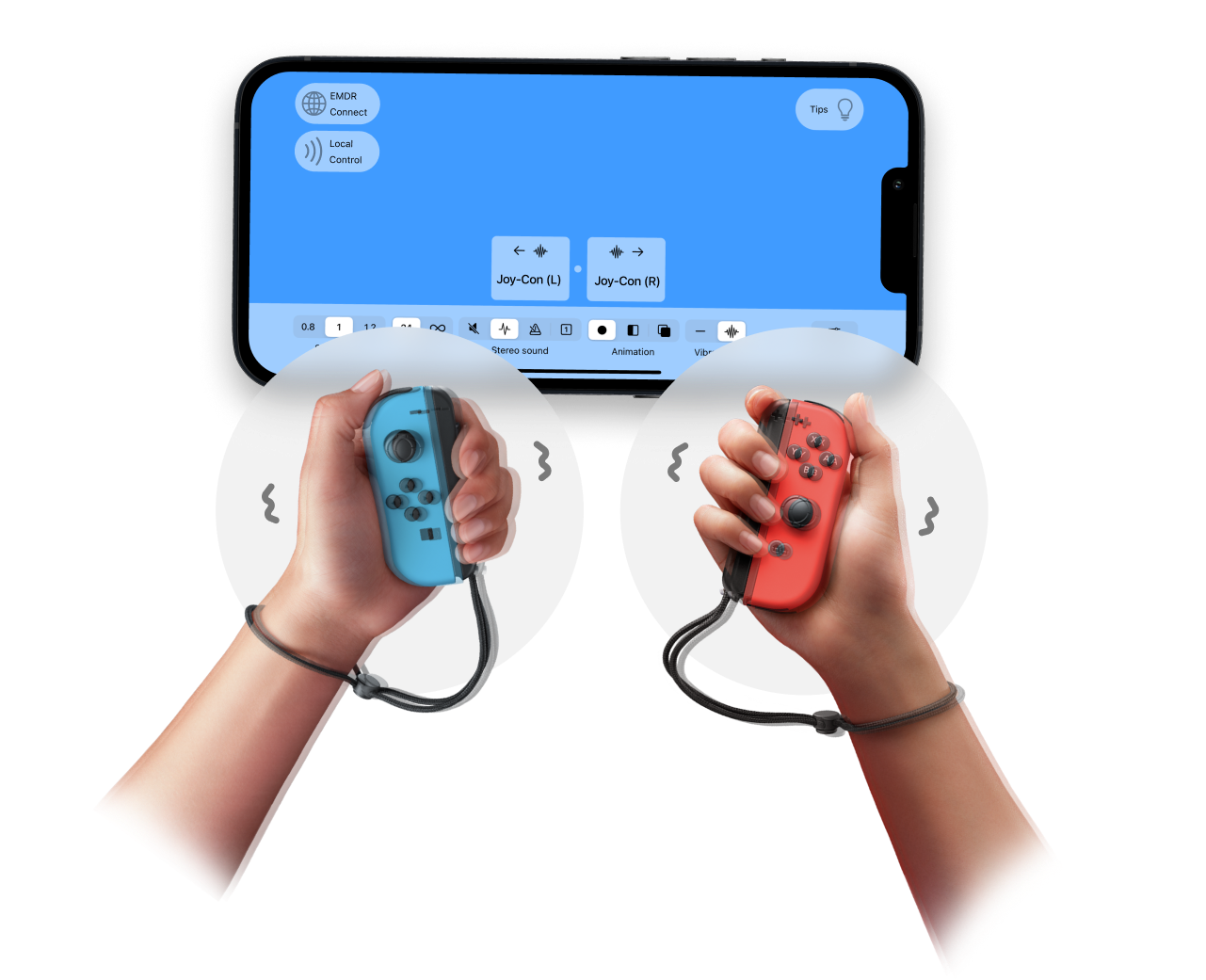 iPhone and Nintendo Joy-Cons for alternating vibrations