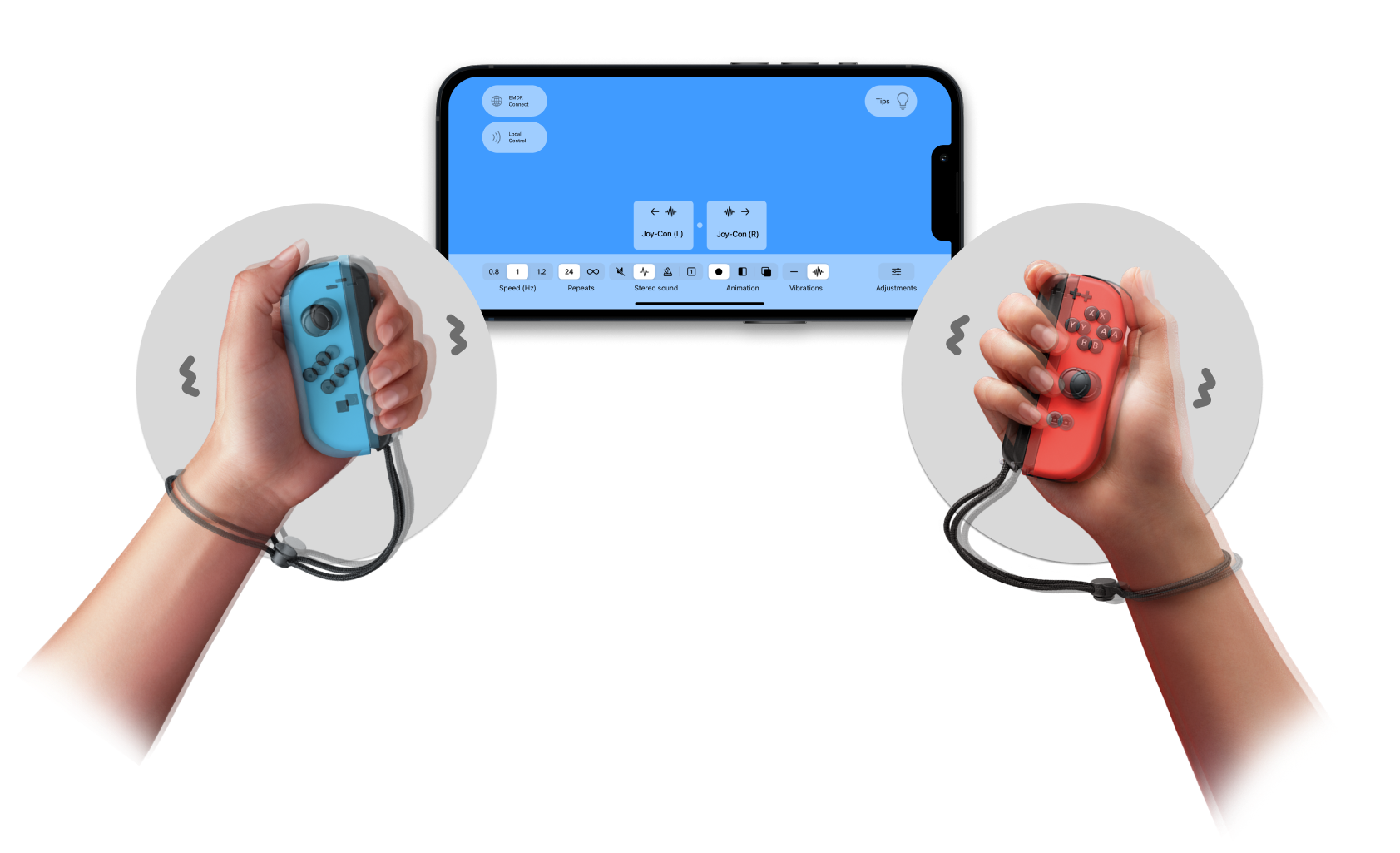 The EMDR app with connected Joy-Cons for alternating vibrations.